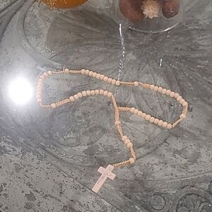 Handmade Rosary Necklace with St Benedict Crucifix Cross - Khaki
